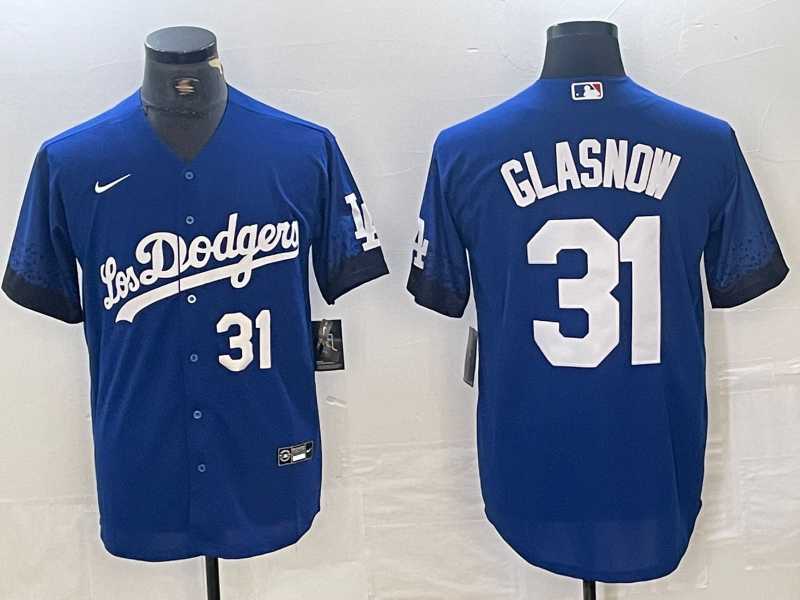 Mens Los Angeles Dodgers #31 Tyler Glasnow Number Blue 2021 City Connect Cool Base Stitched Jerseys